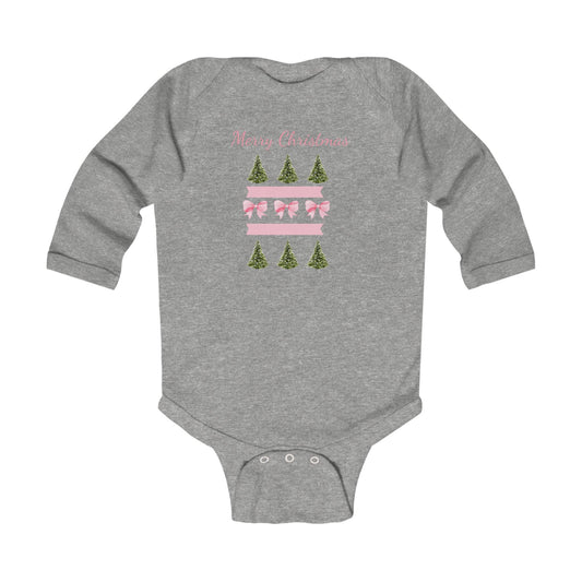 Merry Christmas Pink Ribbon and Trees Infant Holiday Onesie