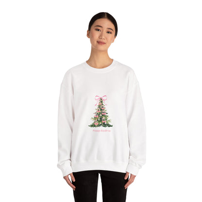 Christmas Tree Crewneck Sweatshirt - Pink Ribbon Watercolor Holiday Sweater