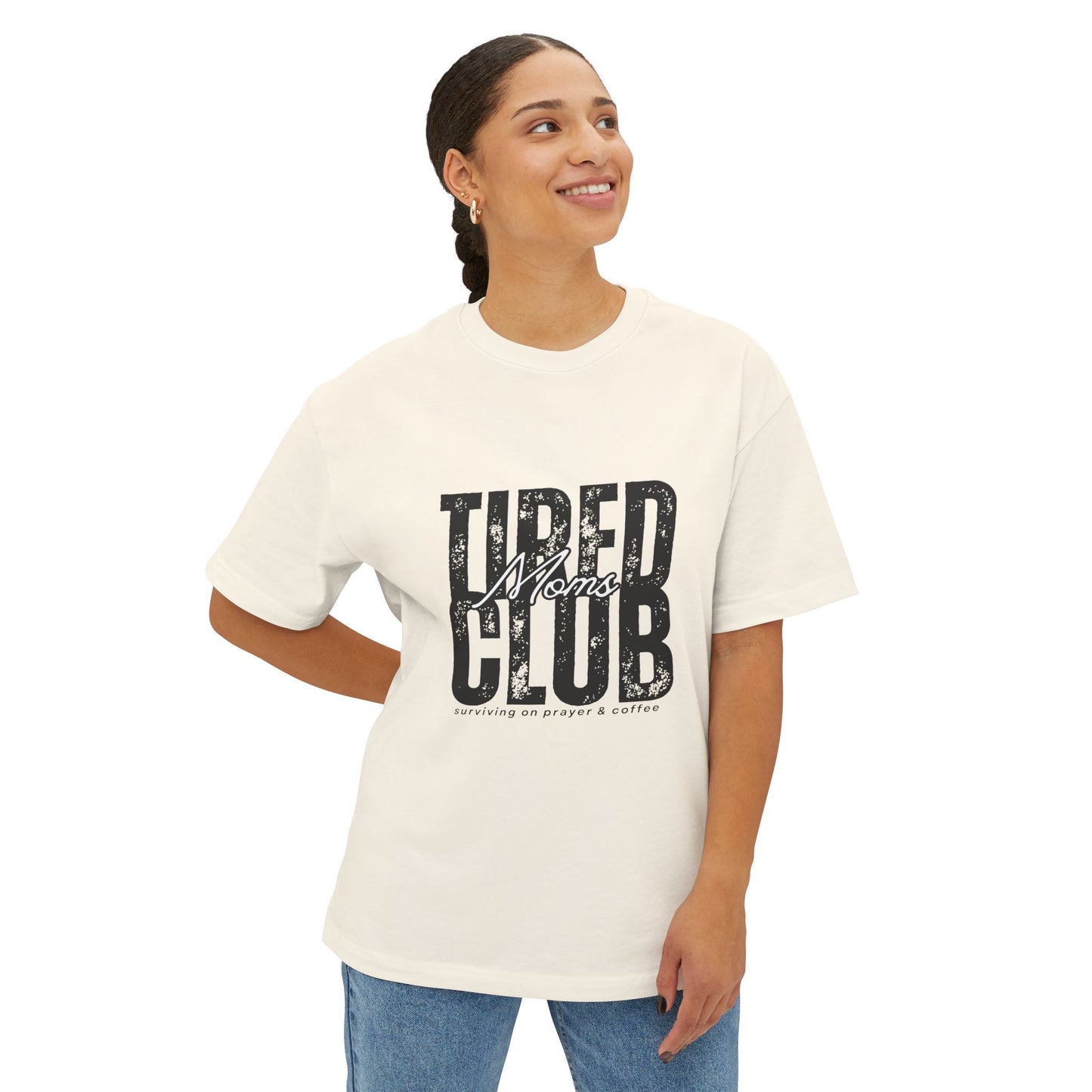 Tired Moms Club Graphic Tee — Vintage Distressed Oversized Boxy Shirt