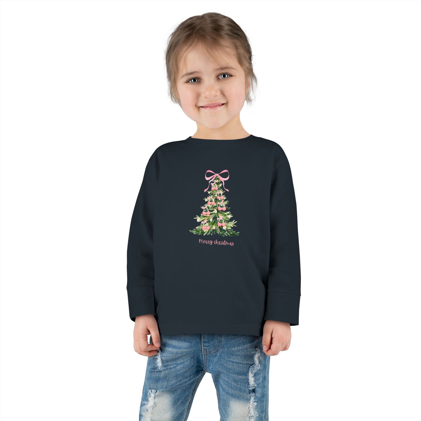 Christmas Tree Pink Cherry Bows Toddler Long Sleeve Tee