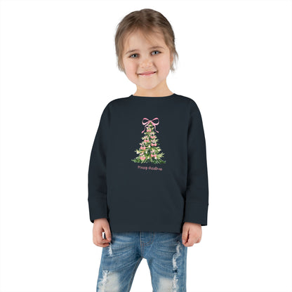 Christmas Tree Pink Cherry Bows Toddler Long Sleeve Tee