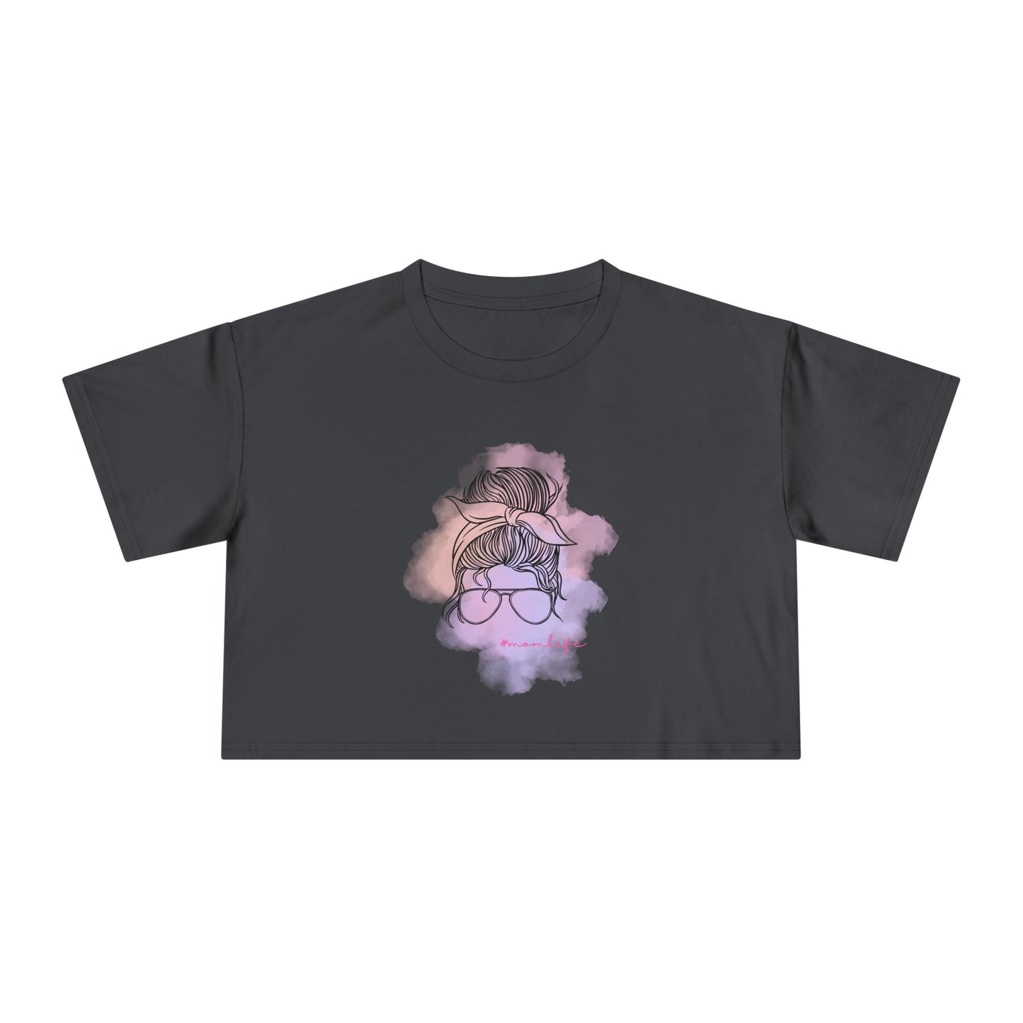 Women's Crop Tee with Messy Bun Sunglasses Mom Life Design | Stylish Casual Top, Summer Fashion, Gift for Her, Trendy Everyday Wear, Cute Graphic Tee