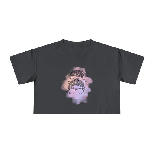 Women's Crop Tee with Messy Bun Sunglasses Mom Life Design | Stylish Casual Top, Summer Fashion, Gift for Her, Trendy Everyday Wear, Cute Graphic Tee