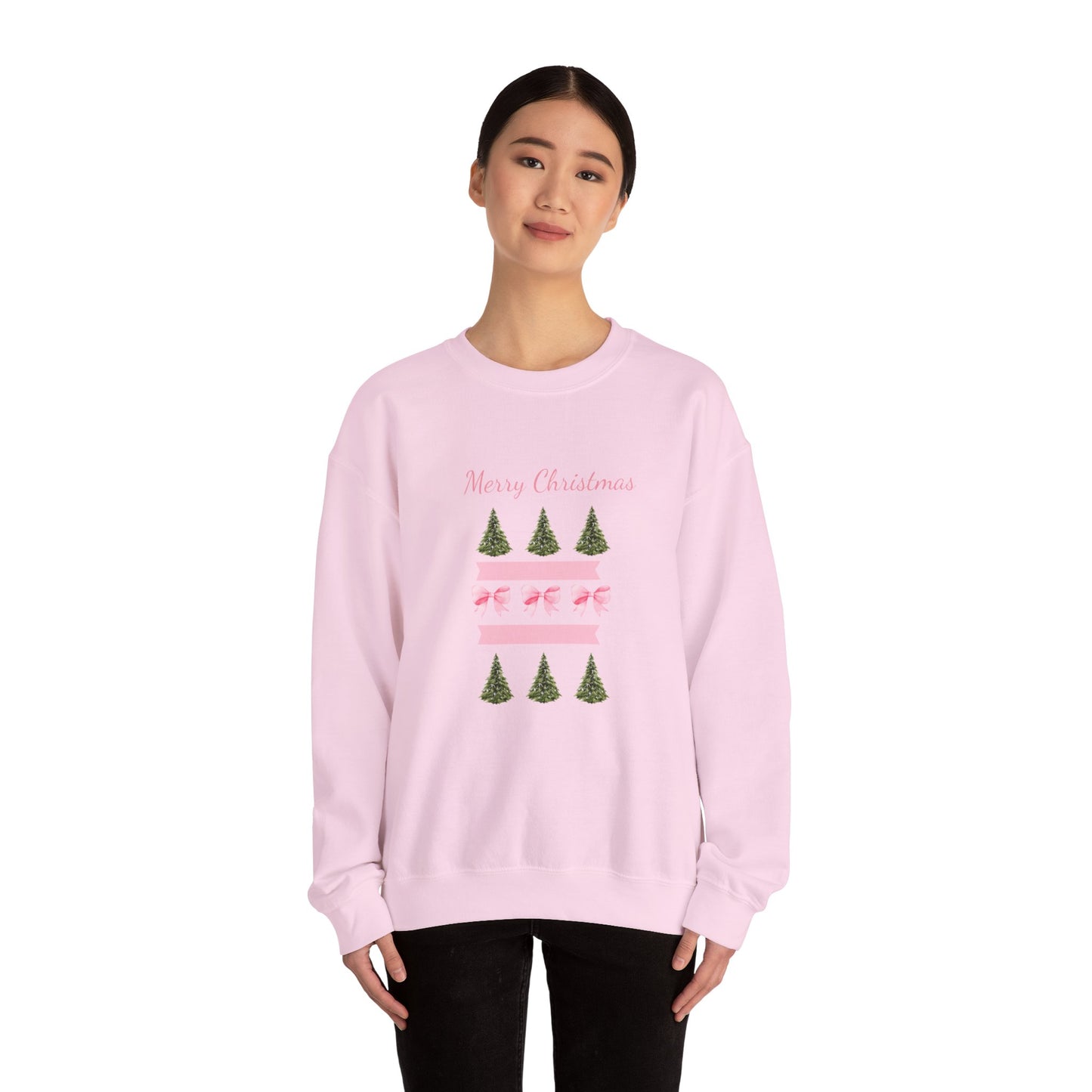 Merry Christmas Pink Ribbon & Trees Crewneck Sweatshirt