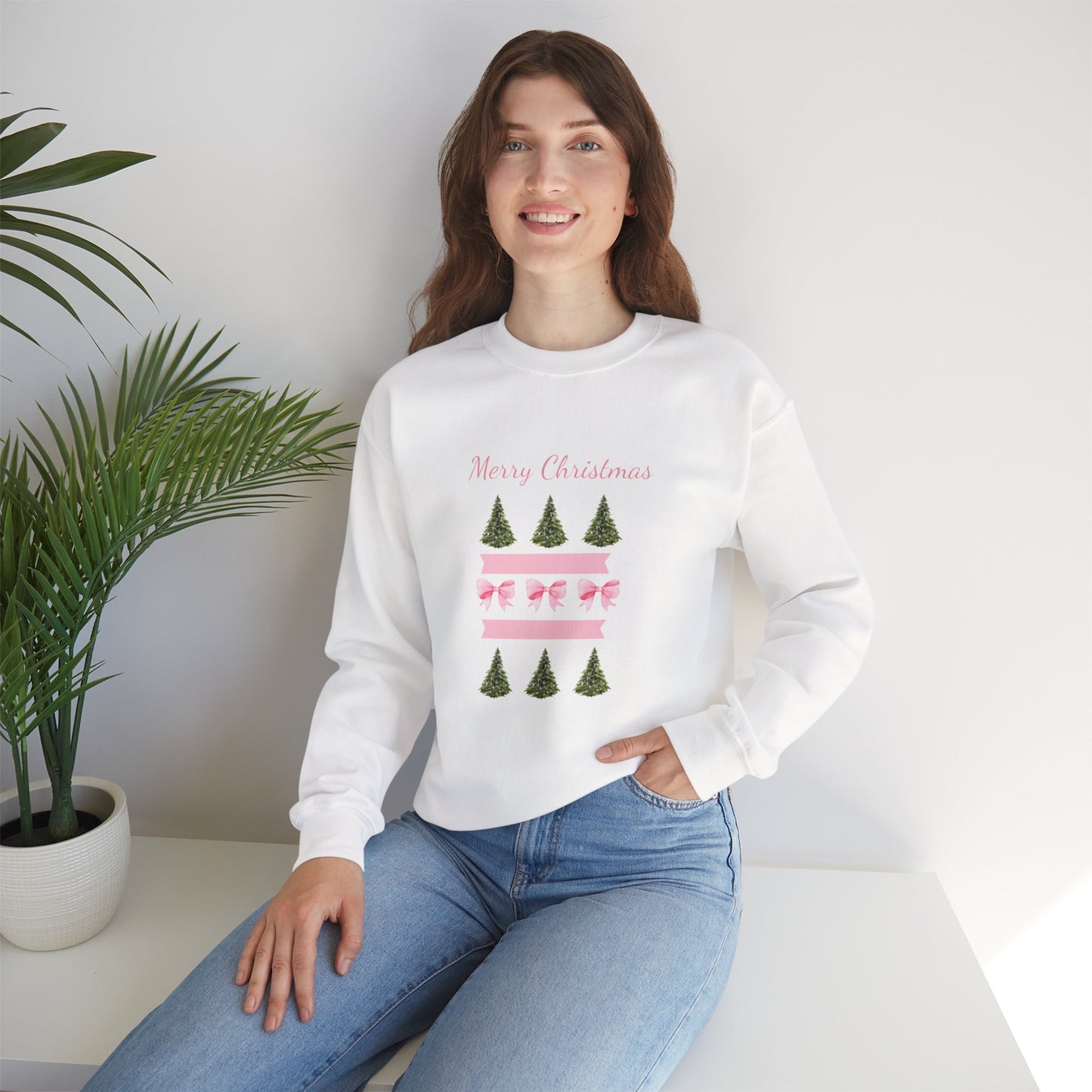 Merry Christmas Pink Ribbon & Trees Crewneck Sweatshirt
