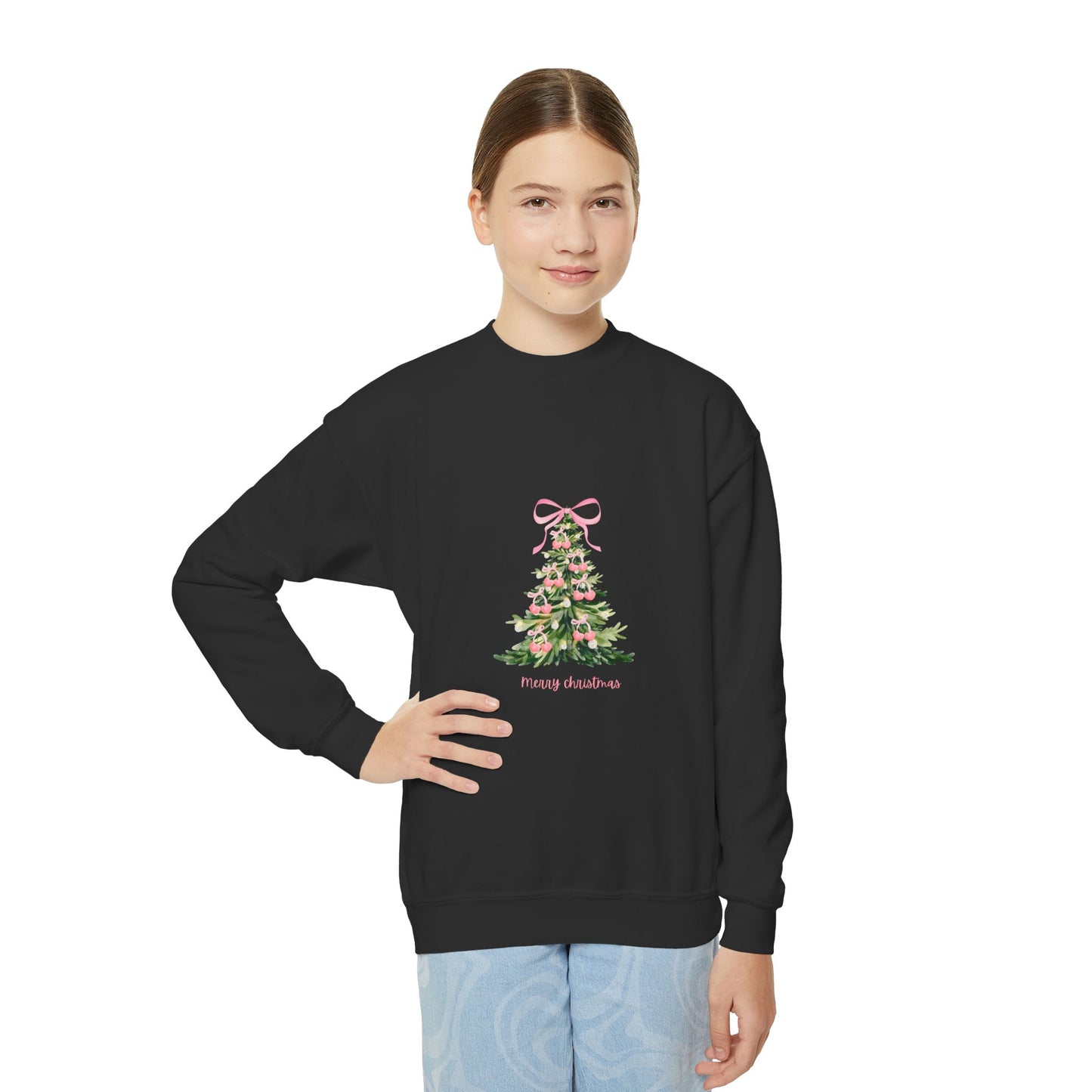 Youth Christmas Crewneck Sweatshirt — Pink Bow Holiday Tree “Merry & Bright”