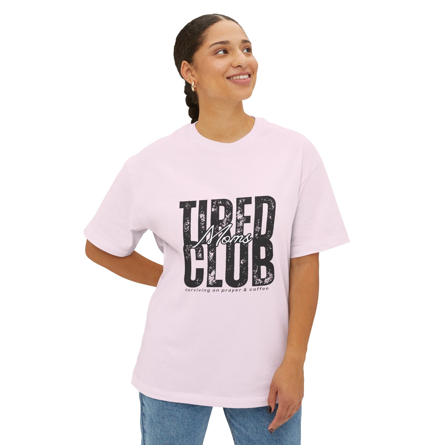 Tired Moms Club Graphic Tee — Vintage Distressed Oversized Boxy Shirt