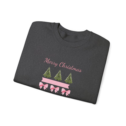 Merry Christmas Pink Ribbon & Trees Crewneck Sweatshirt