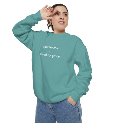 Sandler Chic and Saved By Grace Sweatshirt – Minimalist 'sandler chic + saved by grace' Christian Crewneck