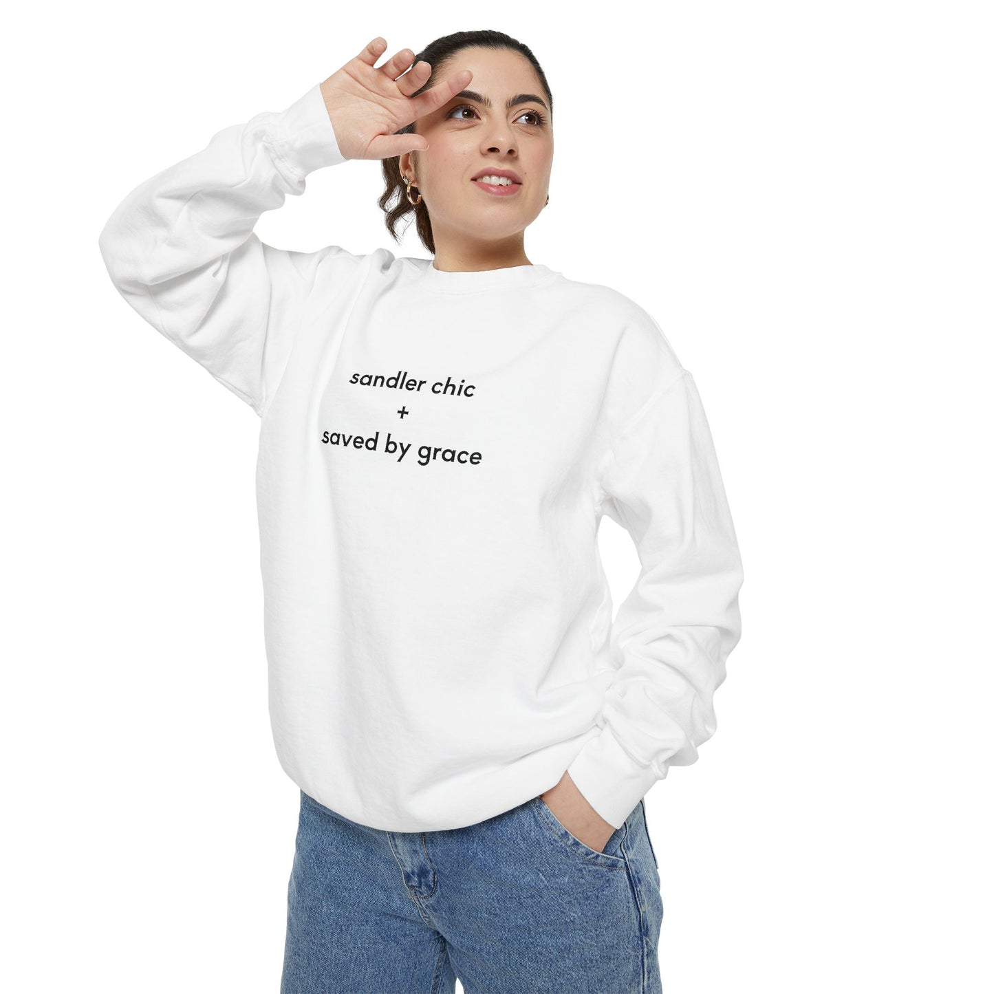 Sandler Chic and Saved By Grace Sweatshirt – Minimalist 'sandler chic + saved by grace' Christian Crewneck