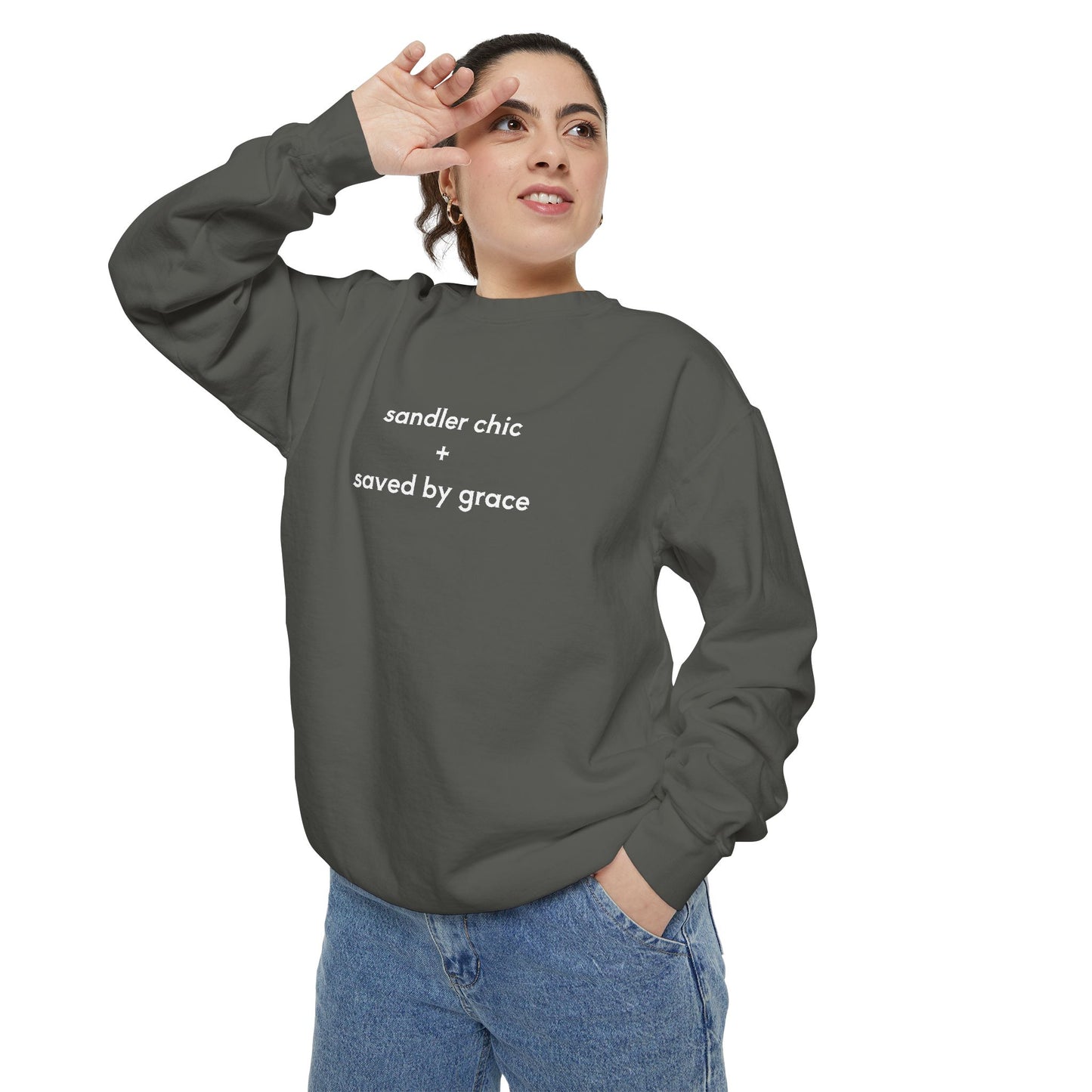 Sandler Chic and Saved By Grace Sweatshirt – Minimalist 'sandler chic + saved by grace' Christian Crewneck