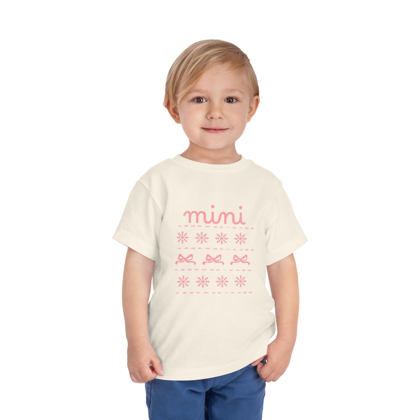 Mini Christmas Toddler Tee — Pink Bow & Snowflake Pattern Kids' Short Sleeve Shirt