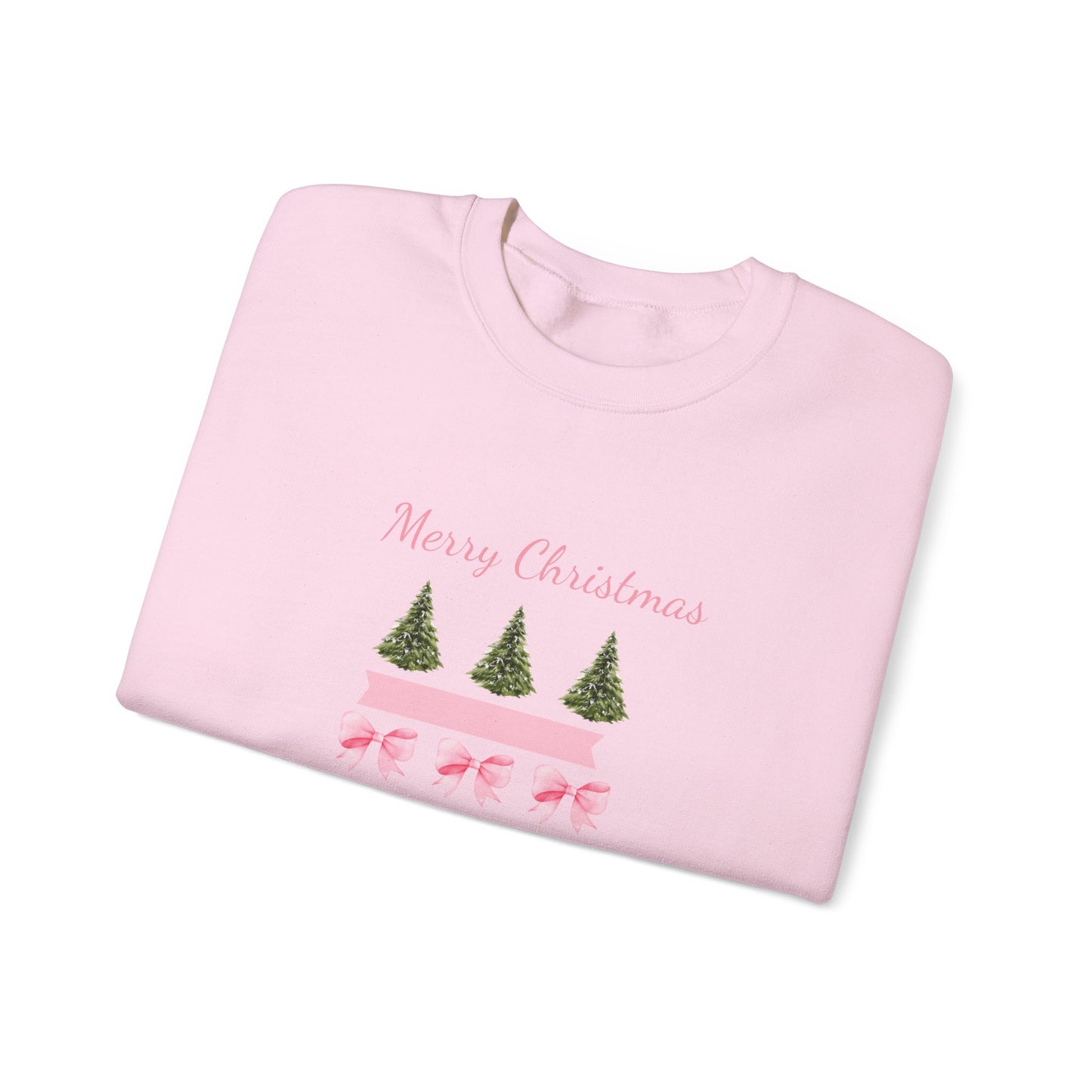 Merry Christmas Pink Ribbon & Trees Crewneck Sweatshirt