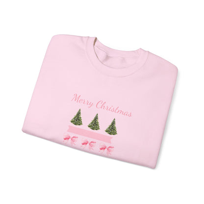 Merry Christmas Pink Ribbon & Trees Crewneck Sweatshirt