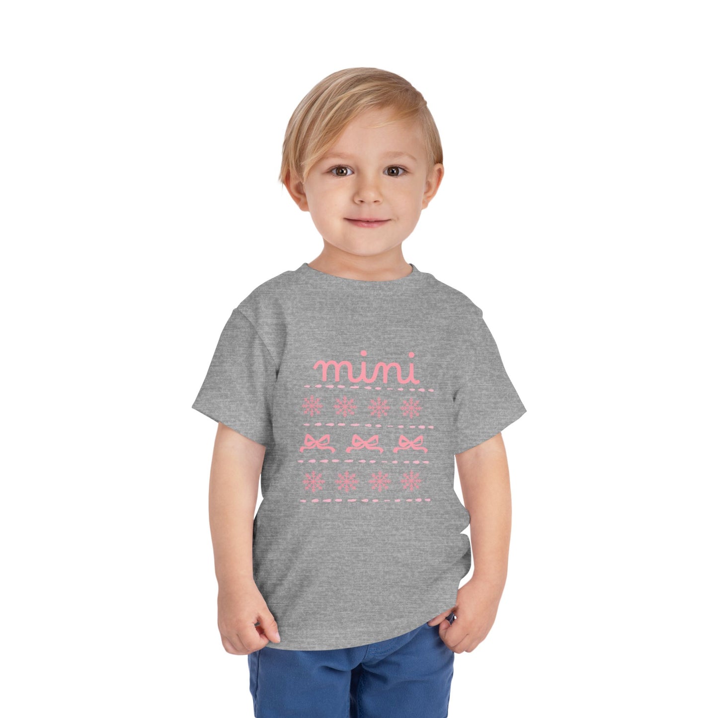 Mini Christmas Toddler Tee — Pink Bow & Snowflake Pattern Kids' Short Sleeve Shirt