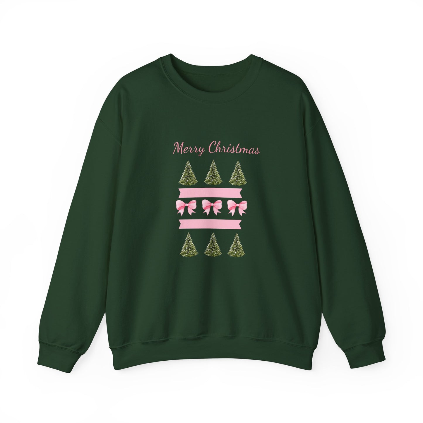 Merry Christmas Pink Ribbon & Trees Crewneck Sweatshirt