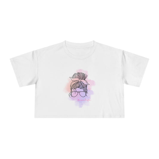 Women's Crop Tee with Messy Bun Sunglasses Mom Life Design | Stylish Casual Top, Summer Fashion, Gift for Her, Trendy Everyday Wear, Cute Graphic Tee