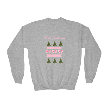 Merry Christmas Pink Ribbon and Trees Crewneck Sweatshirt