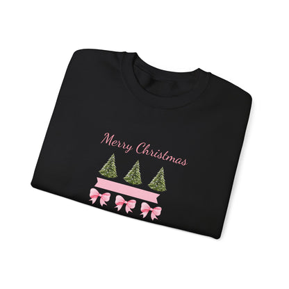 Merry Christmas Pink Ribbon & Trees Crewneck Sweatshirt