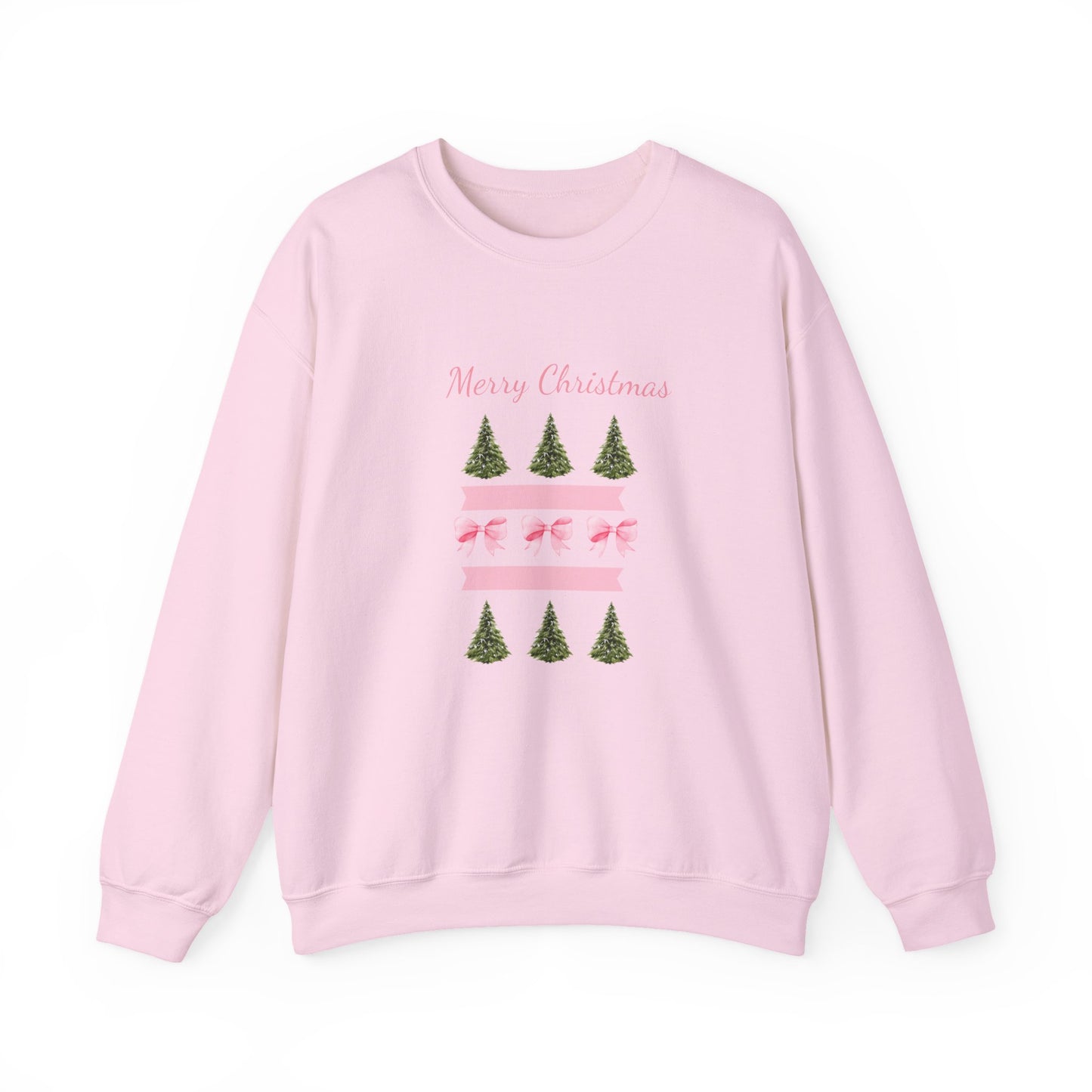 Merry Christmas Pink Ribbon & Trees Crewneck Sweatshirt