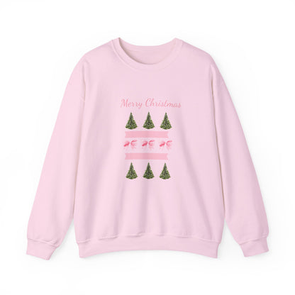 Merry Christmas Pink Ribbon & Trees Crewneck Sweatshirt