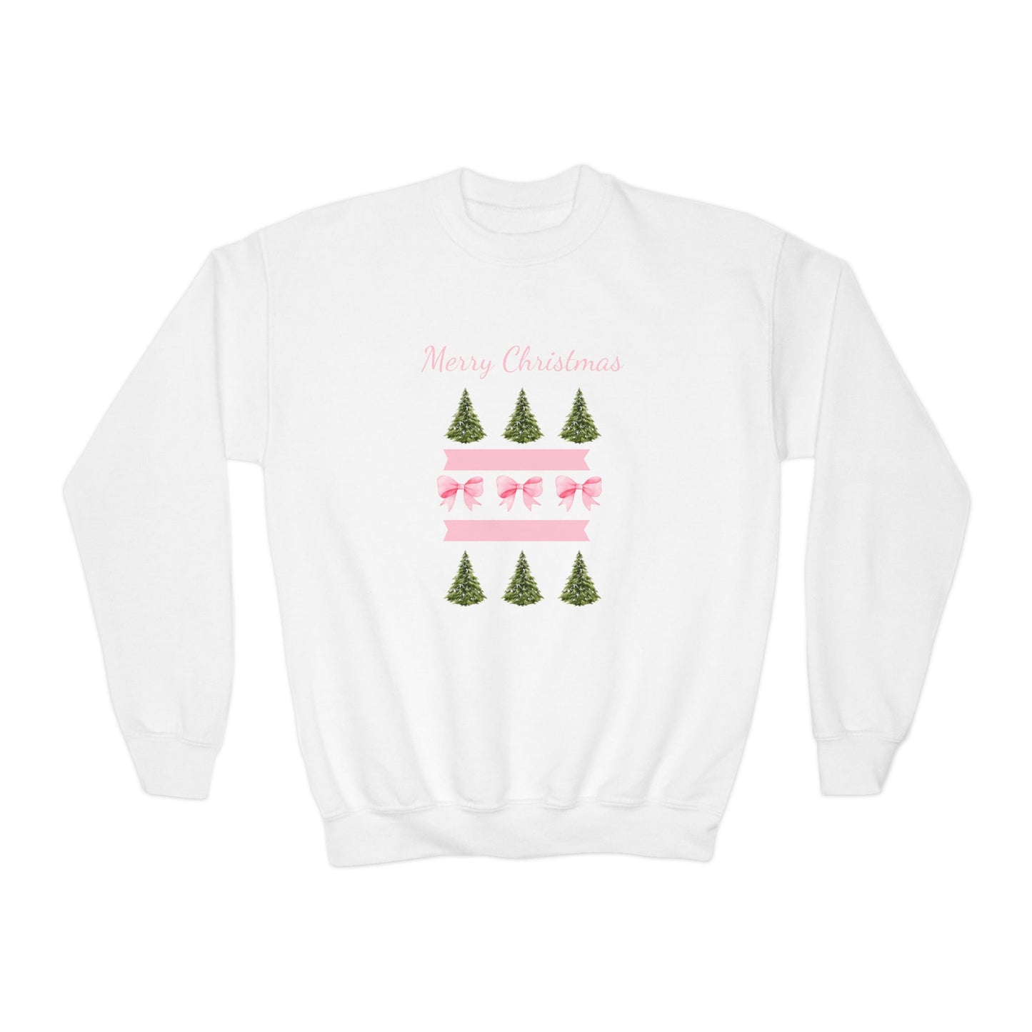 Merry Christmas Pink Ribbon and Trees Crewneck Sweatshirt
