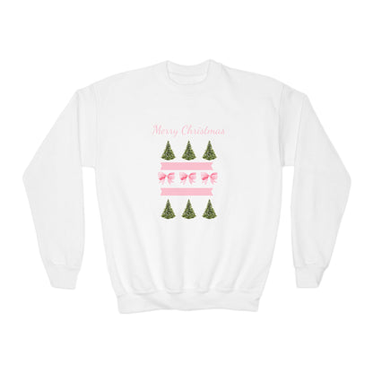 Merry Christmas Pink Ribbon and Trees Crewneck Sweatshirt