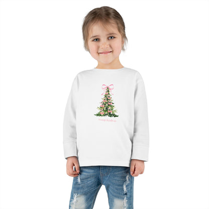 Christmas Tree Pink Cherry Bows Toddler Long Sleeve Tee