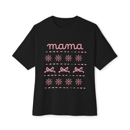Mama Christmas Pink Bow Tee — Oversized Boxy Mom Shirt