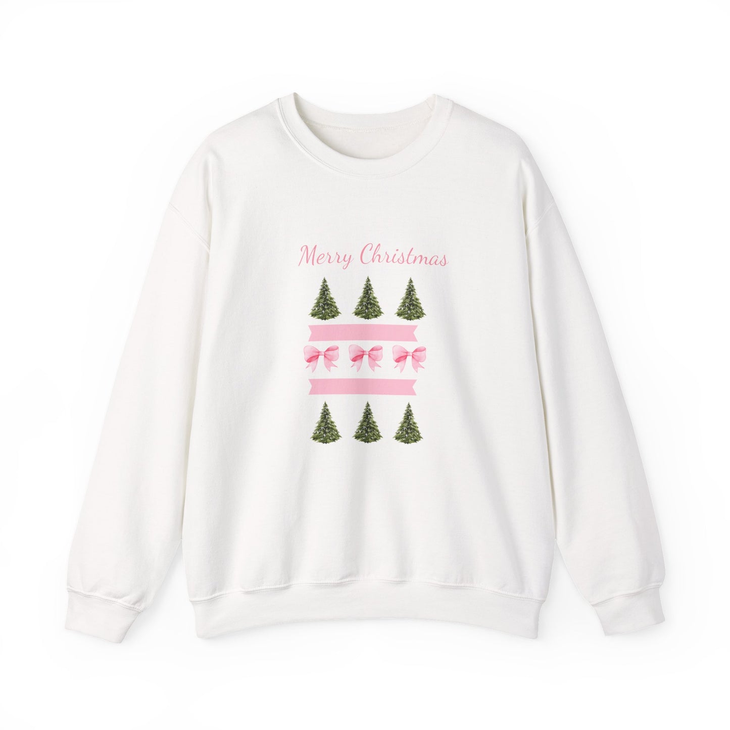 Merry Christmas Pink Ribbon & Trees Crewneck Sweatshirt