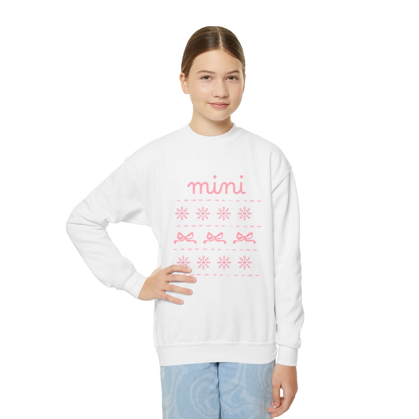 Mini Christmas Kids Crewneck Sweatshirt — Pink Snowflake & Bow Kids Sweatshirt