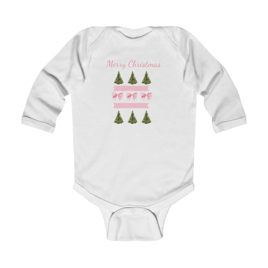 Merry Christmas Pink Ribbon and Trees Infant Holiday Onesie