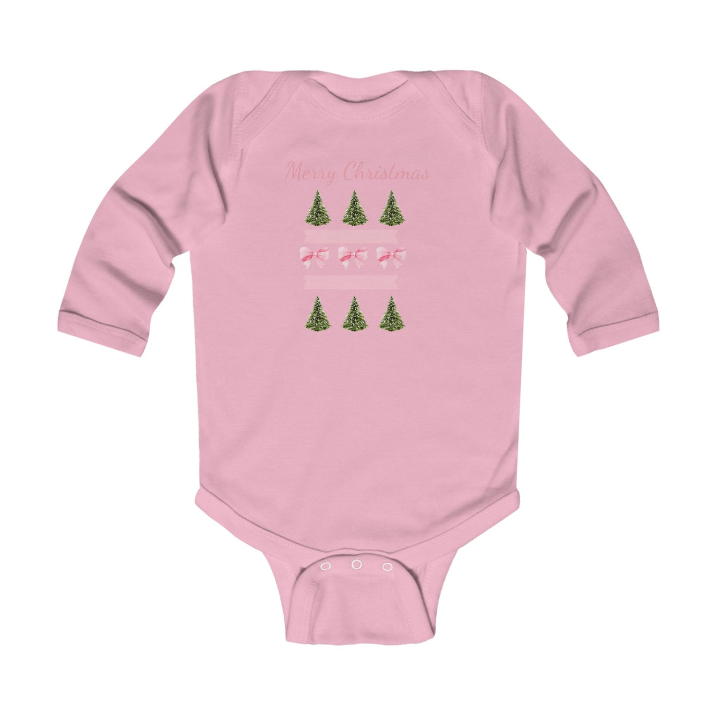Merry Christmas Pink Ribbon and Trees Infant Holiday Onesie