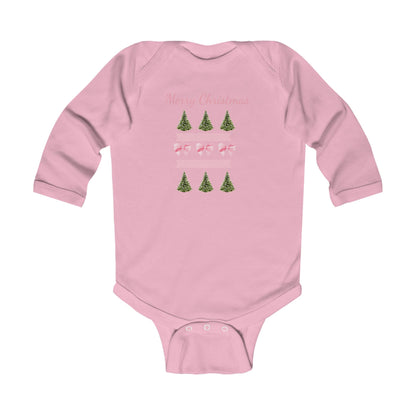 Merry Christmas Pink Ribbon and Trees Infant Holiday Onesie