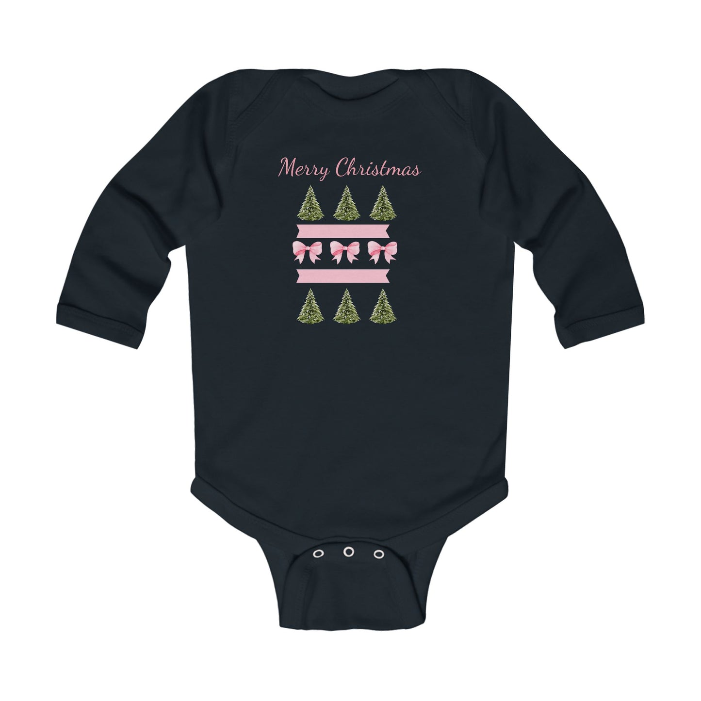 Merry Christmas Pink Ribbon and Trees Infant Holiday Onesie