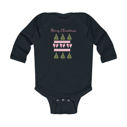 Merry Christmas Pink Ribbon and Trees Infant Holiday Onesie