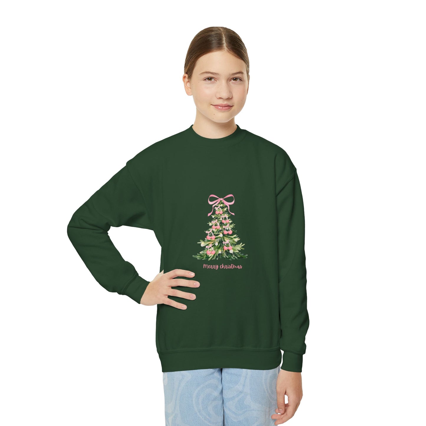 Youth Christmas Crewneck Sweatshirt — Pink Bow Holiday Tree “Merry & Bright”