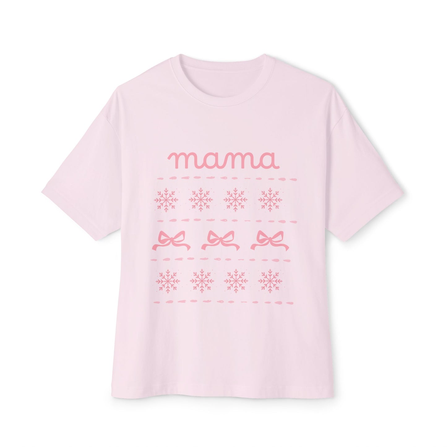Mama Christmas Pink Bow Tee — Oversized Boxy Mom Shirt