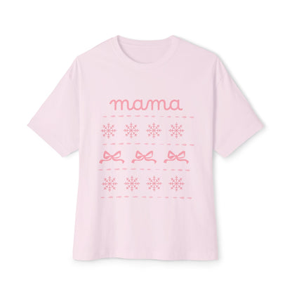 Mama Christmas Pink Bow Tee — Oversized Boxy Mom Shirt