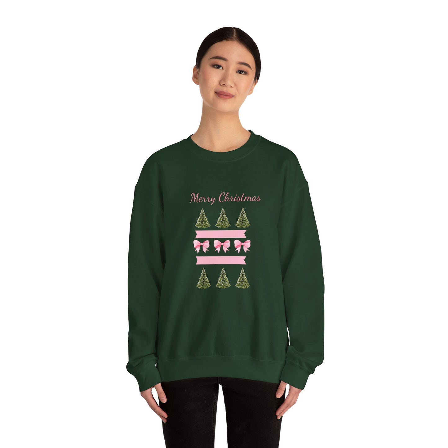 Merry Christmas Pink Ribbon & Trees Crewneck Sweatshirt