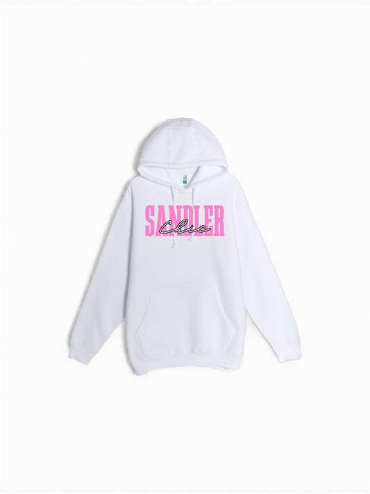 Sandler Chic Oversized Hoodie — Pink Retro Script Pullover