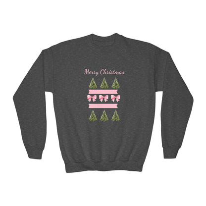 Merry Christmas Pink Ribbon and Trees Crewneck Sweatshirt