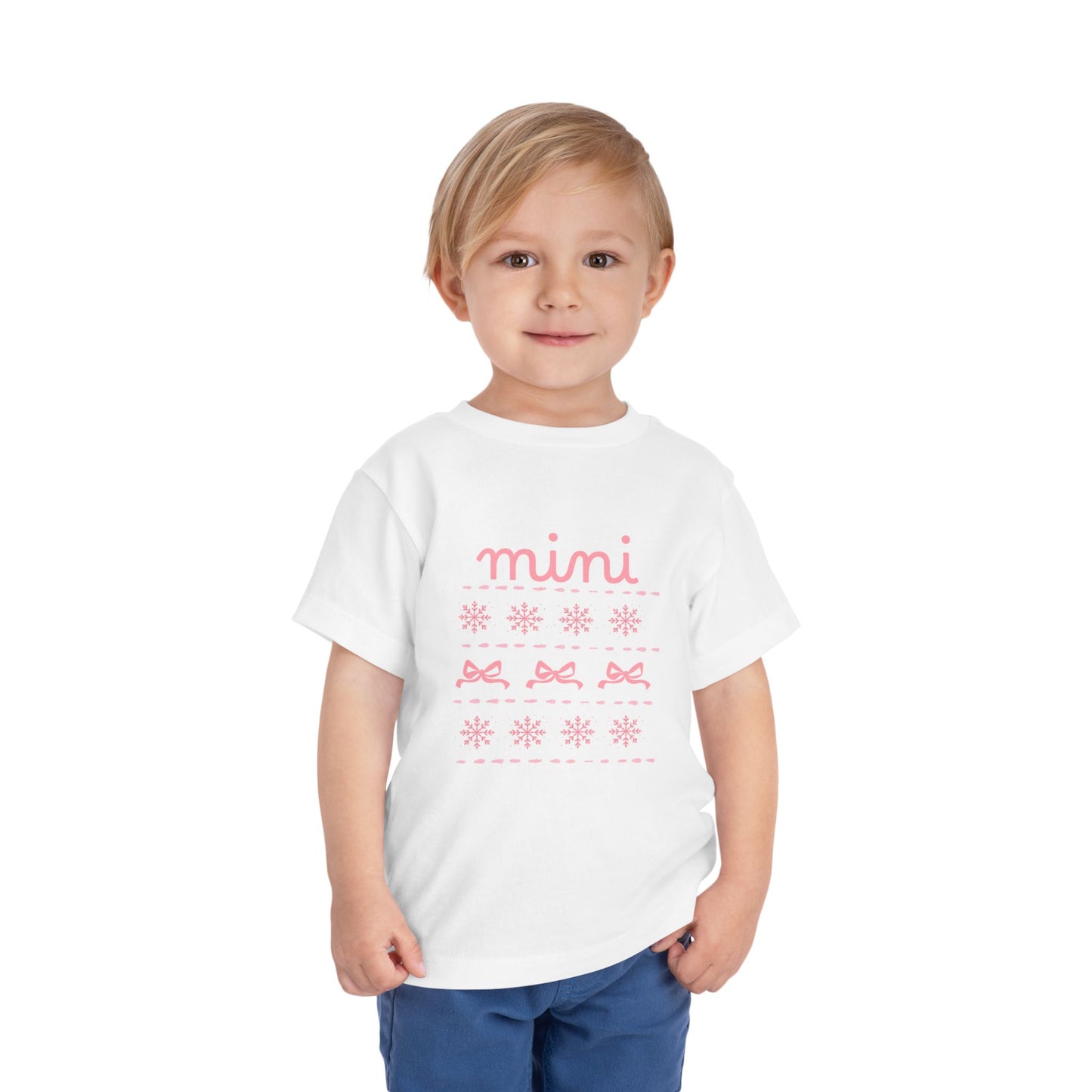 Mini Christmas Toddler Tee — Pink Bow & Snowflake Pattern Kids' Short Sleeve Shirt