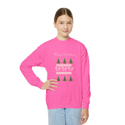Merry Christmas Pink Ribbon and Trees Crewneck Sweatshirt