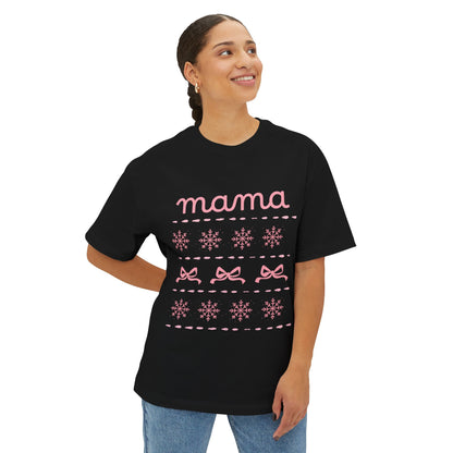 Mama Christmas Pink Bow Tee — Oversized Boxy Mom Shirt