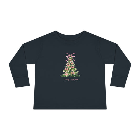 Christmas Tree Pink Cherry Bows Toddler Long Sleeve Tee