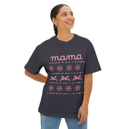 Mama Christmas Pink Bow Tee — Oversized Boxy Mom Shirt