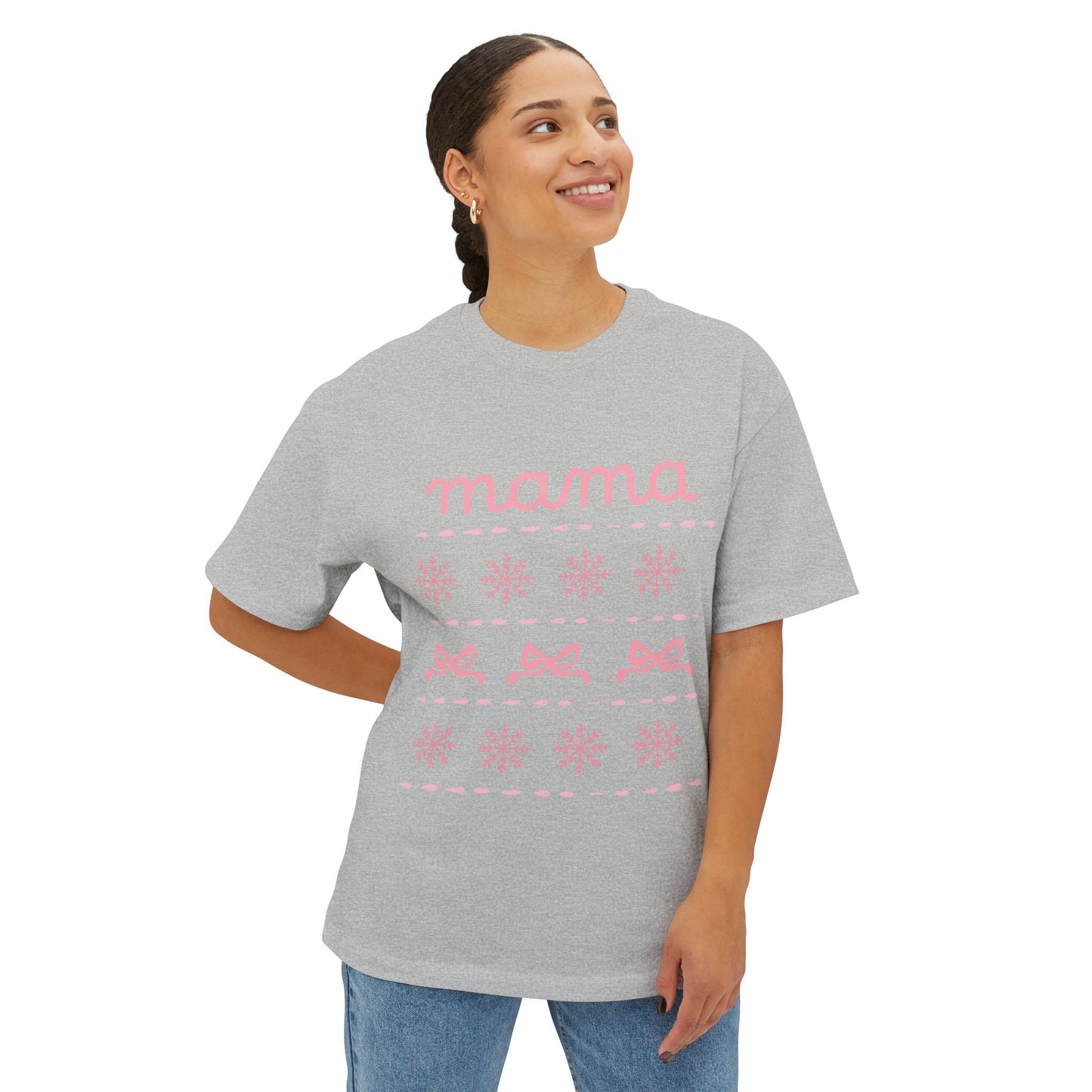 Mama Christmas Pink Bow Tee — Oversized Boxy Mom Shirt