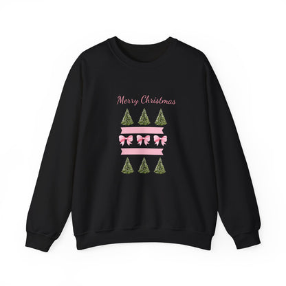 Merry Christmas Pink Ribbon & Trees Crewneck Sweatshirt