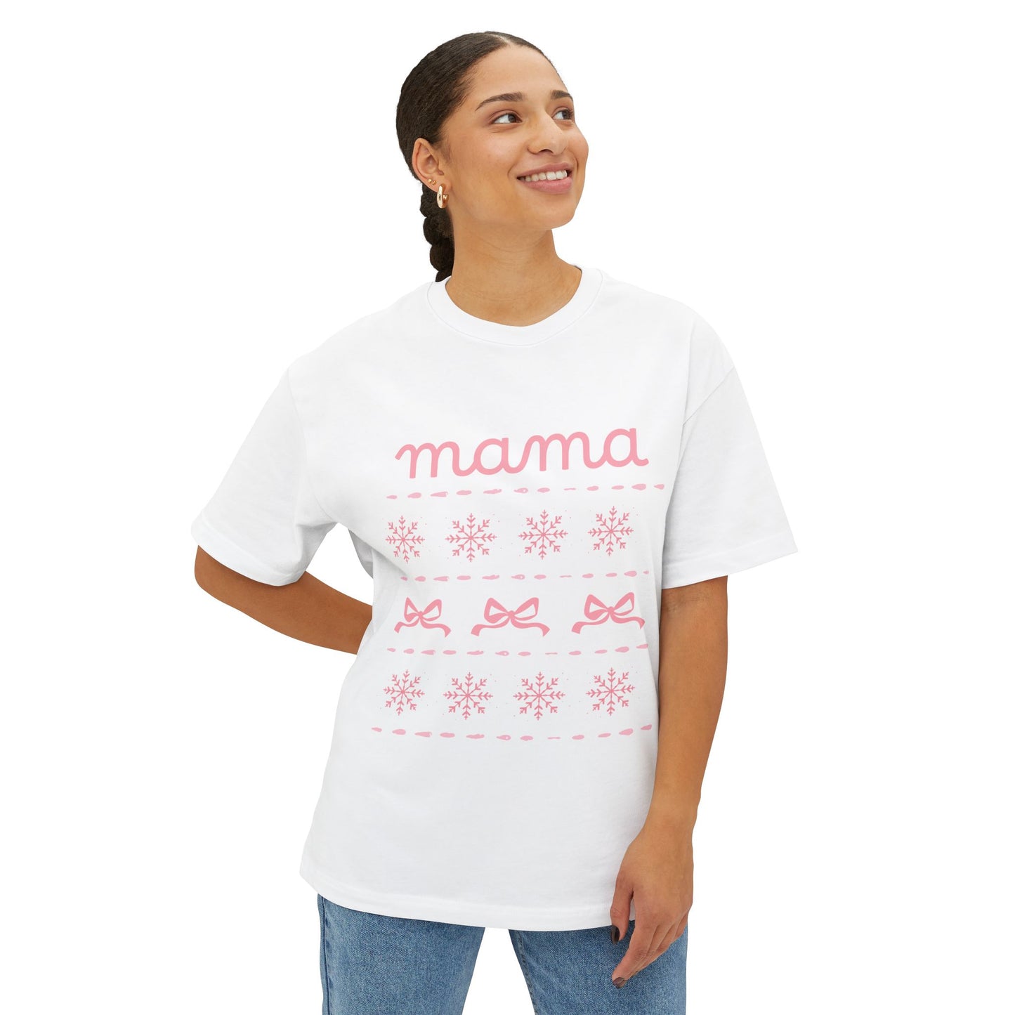 Mama Christmas Pink Bow Tee — Oversized Boxy Mom Shirt